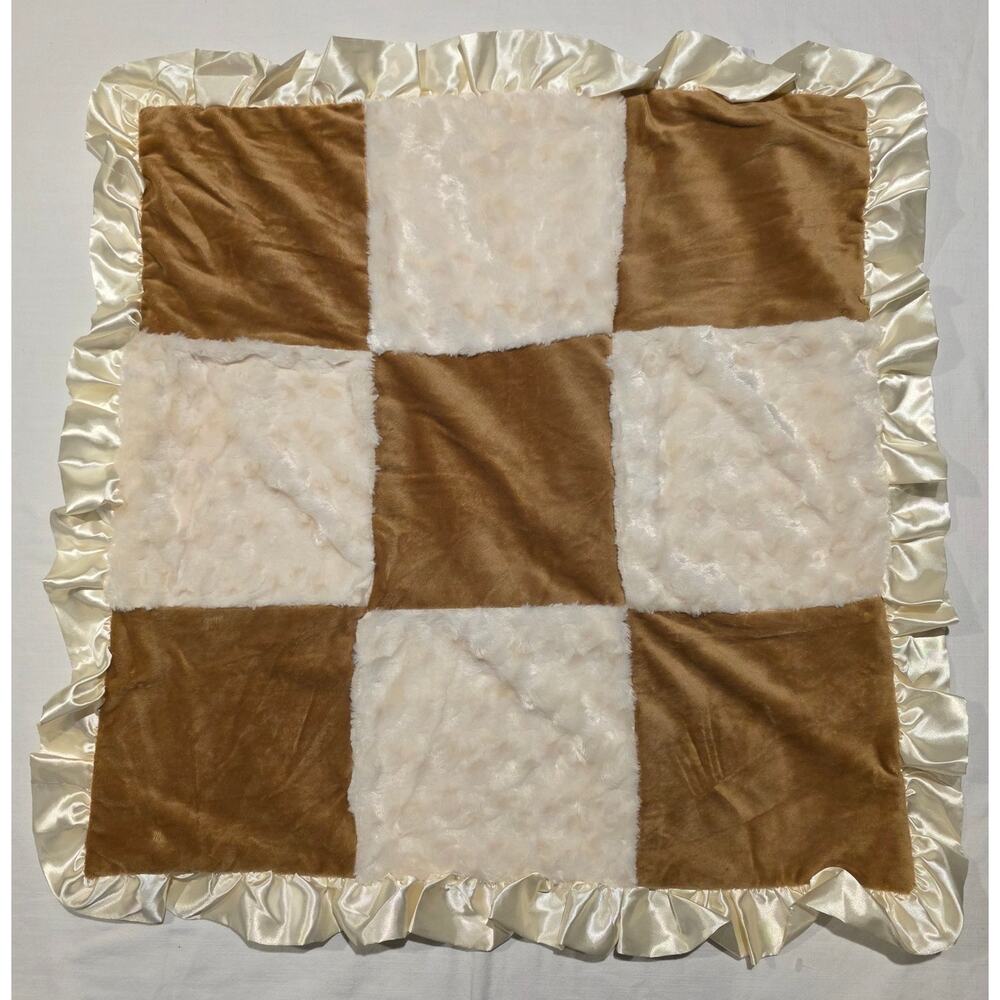 Miniville Layette Baby Blanket Brown Ivory White Squares Ruffle Satin Plush 28"